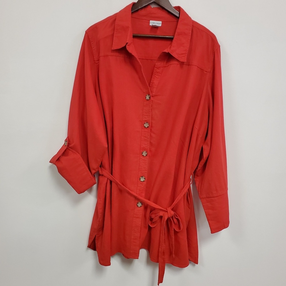 Cabin Creek Womens Linen Button‎ Up Tunic Top Size 3X Red Belted Coastal Beach